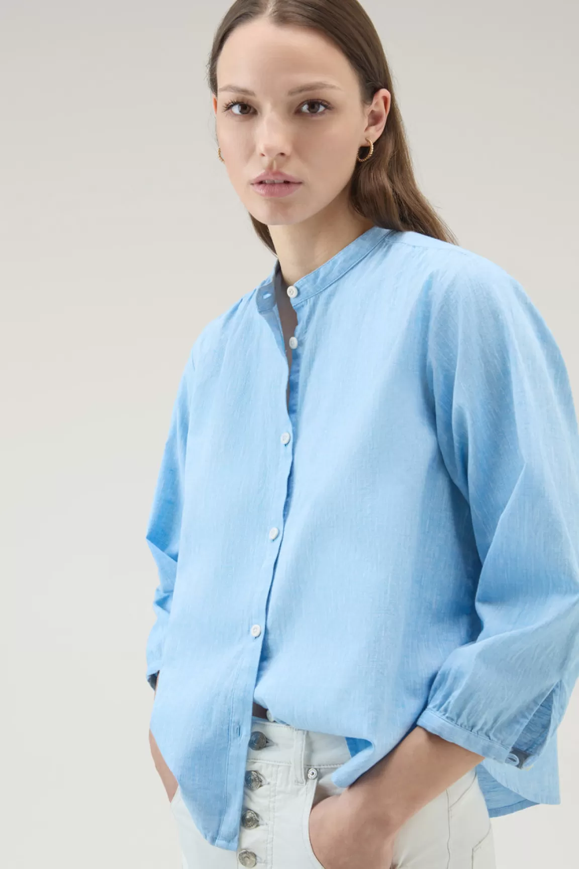 Donna Woolrich Camicie e giacche a camicia>Camicia Alla Coreana In Misto Lino E Cotone