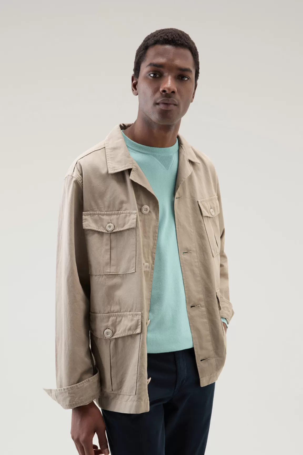 Uomo Woolrich Giacche a camicia>Giacca A Camicia Safari Tinta In Capo In Misto Cotone E Lino