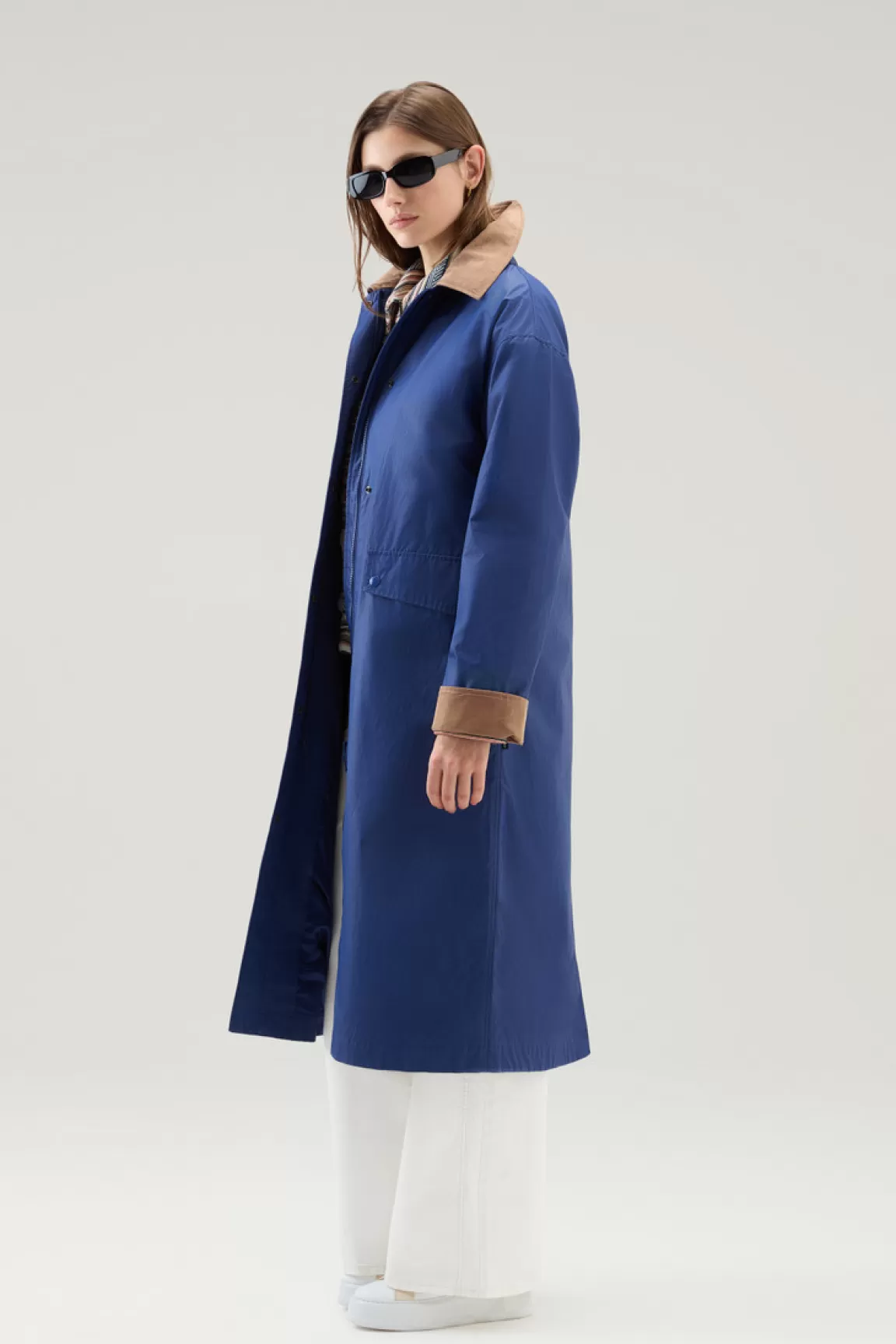 Donna Woolrich Cappotti>Trench Waxed In Misto Cotone E Nylon Con Colletto A Punta